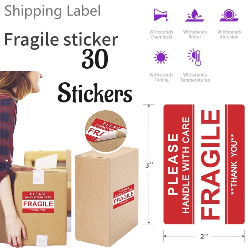 30 Fragile Stickers 3” X 2” Large Red Please Handle With Care Fragile Thank You